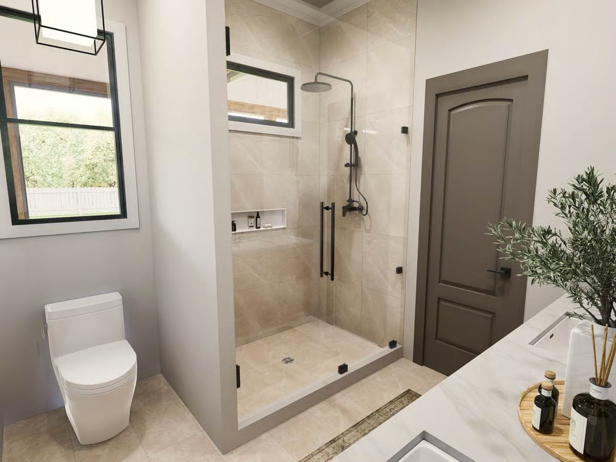Frameless Glass Door, Rain Head, and Beige Stone Tile That Actually Works Together
