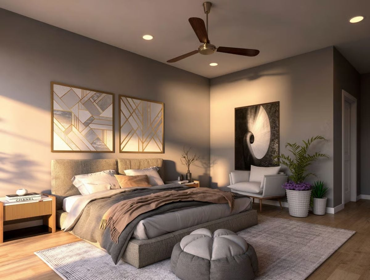 Geometric Gold Art Above the Bed Earns Every Bit of Attention It Gets