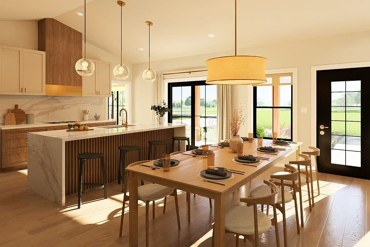 Marble Island, Warm Wood, and a Dining Table That Actually Fits Everyone
