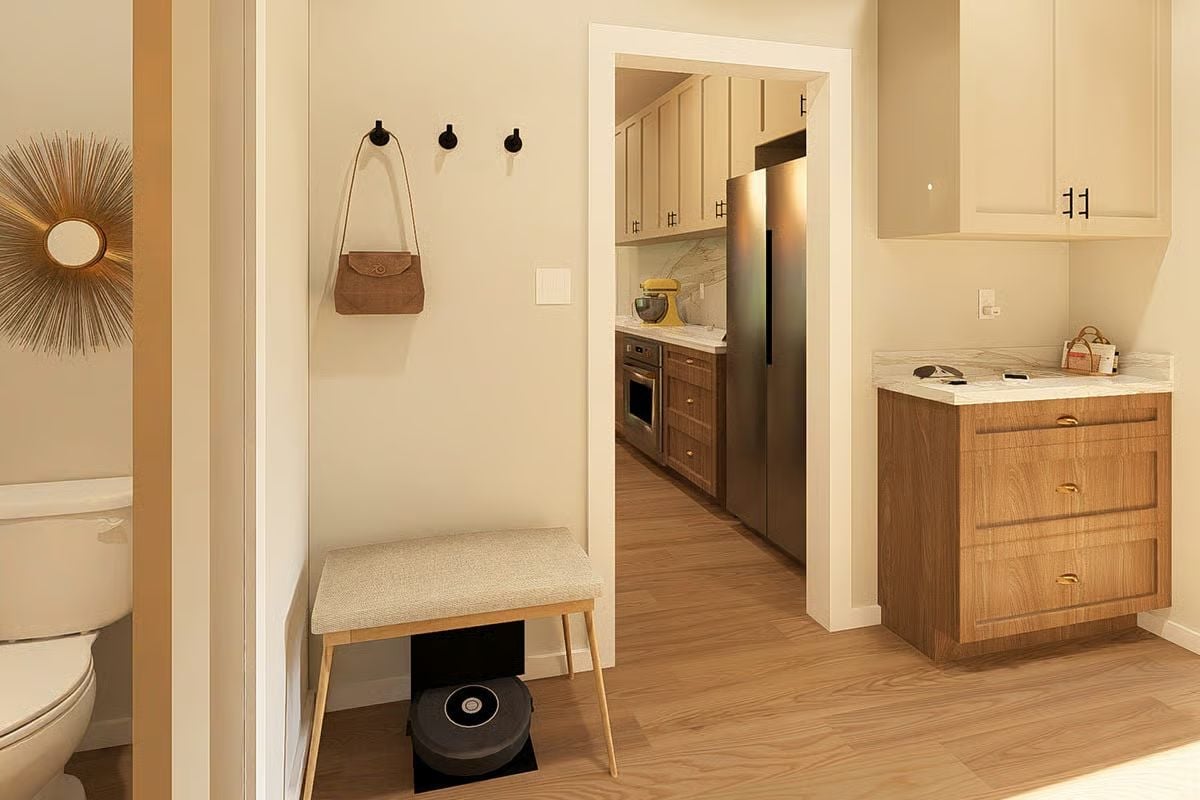 Mudroom Hook Wall Done Right, With a Robot Vacuum Already on Duty