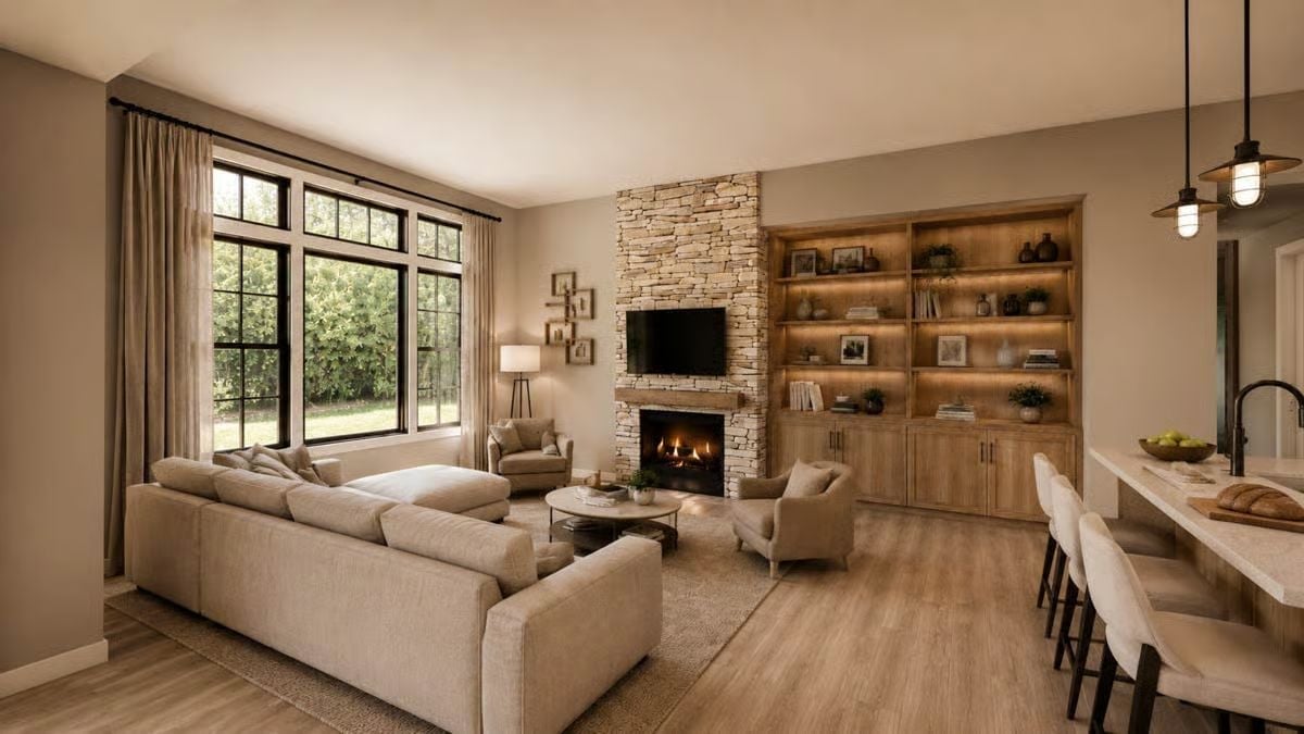Stone Fireplace Wall Does the Heavy Lifting in This Warm, Earthy Great Room