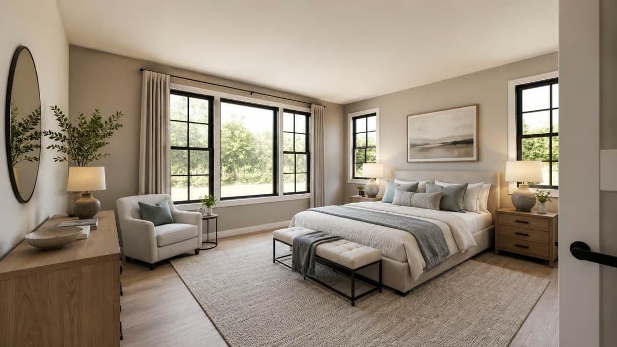 Warm Neutrals and Black Window Frames Pull This Primary Bedroom Into Focus