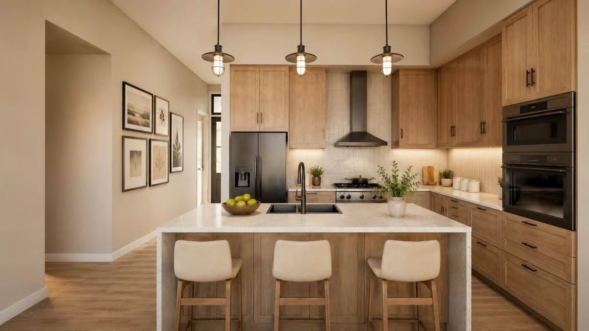 Warm Oak Cabinets and Black Fixtures Make a Strong Case for Restraint