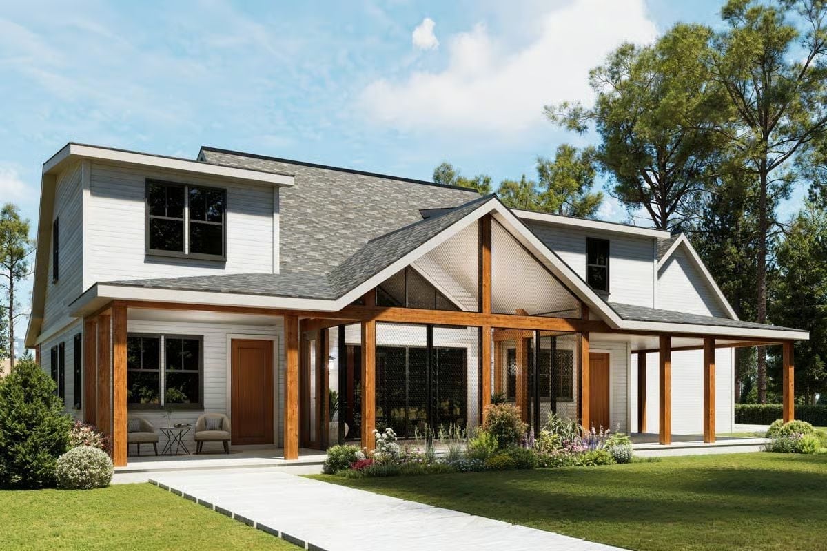 Warm Wood Beams and a Screened Gable Make This Porch Hard to Walk Past
