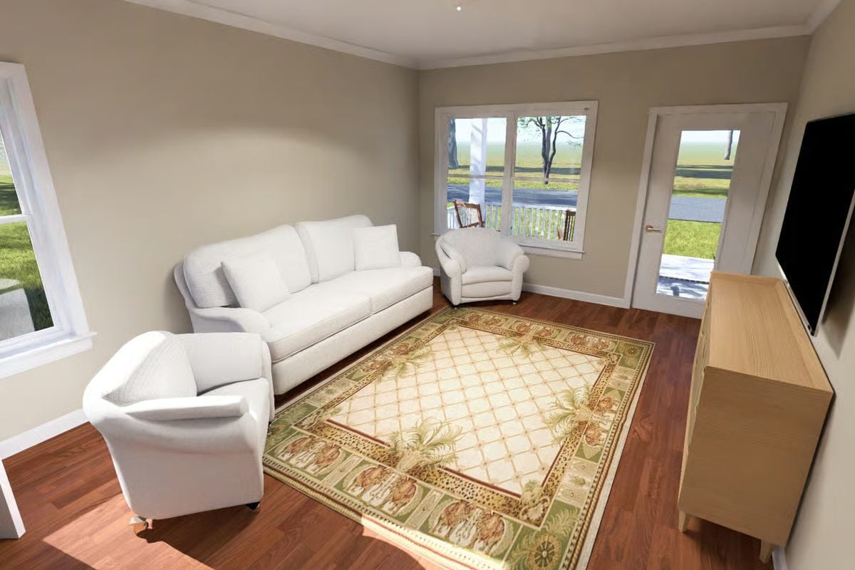 Cream Sofas and a Palm Tree Rug That Somehow Pull It Together
