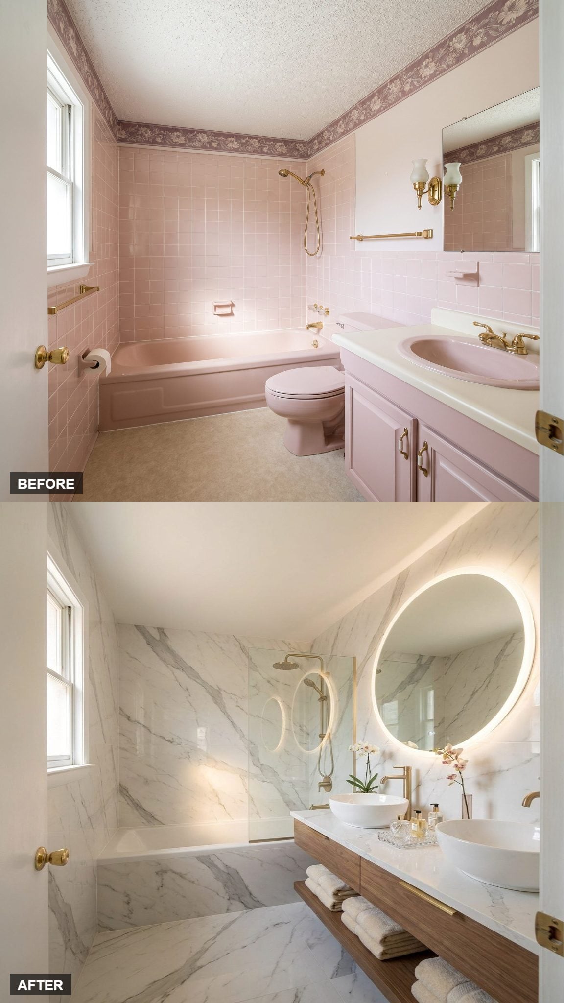 Floating Vanity Glam in Calacatta Porcelain and Brushed Gold