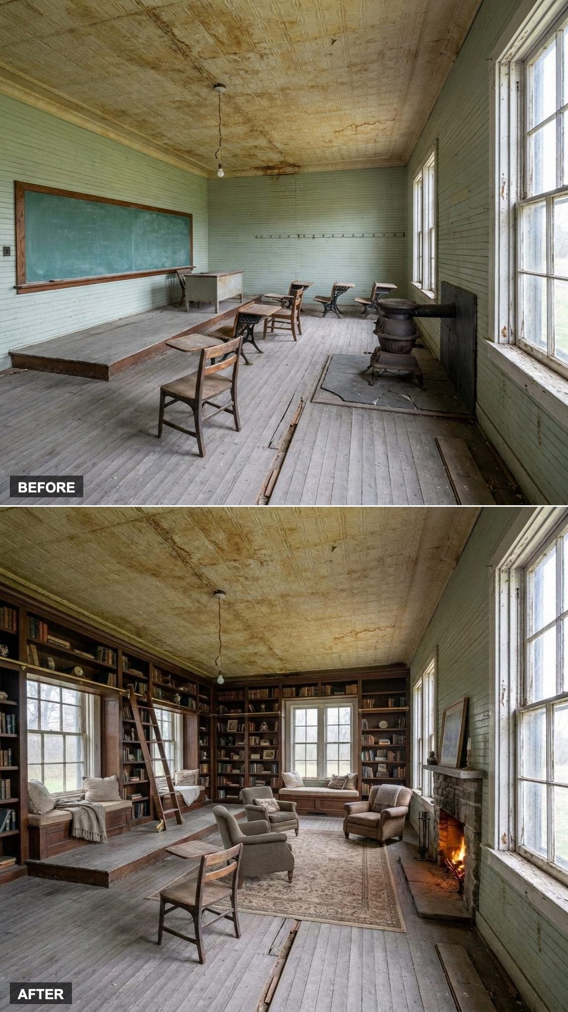 Floor-to-Ceiling Bookshelves and a Rolling Ladder Turn a Former Coat Room Into a Proper Library