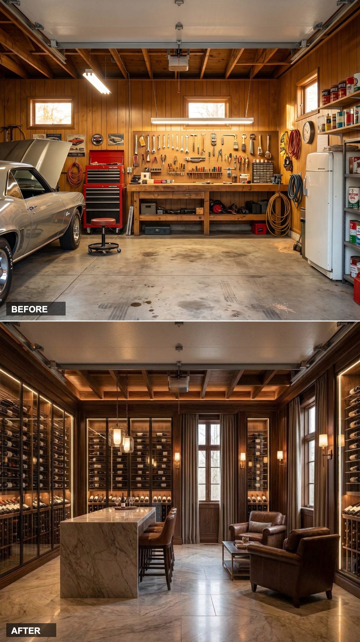 Floor-to-Ceiling Climate-Controlled Wine Walls and a Marble Tasting Island: European Cellar Energy in a Former Garage