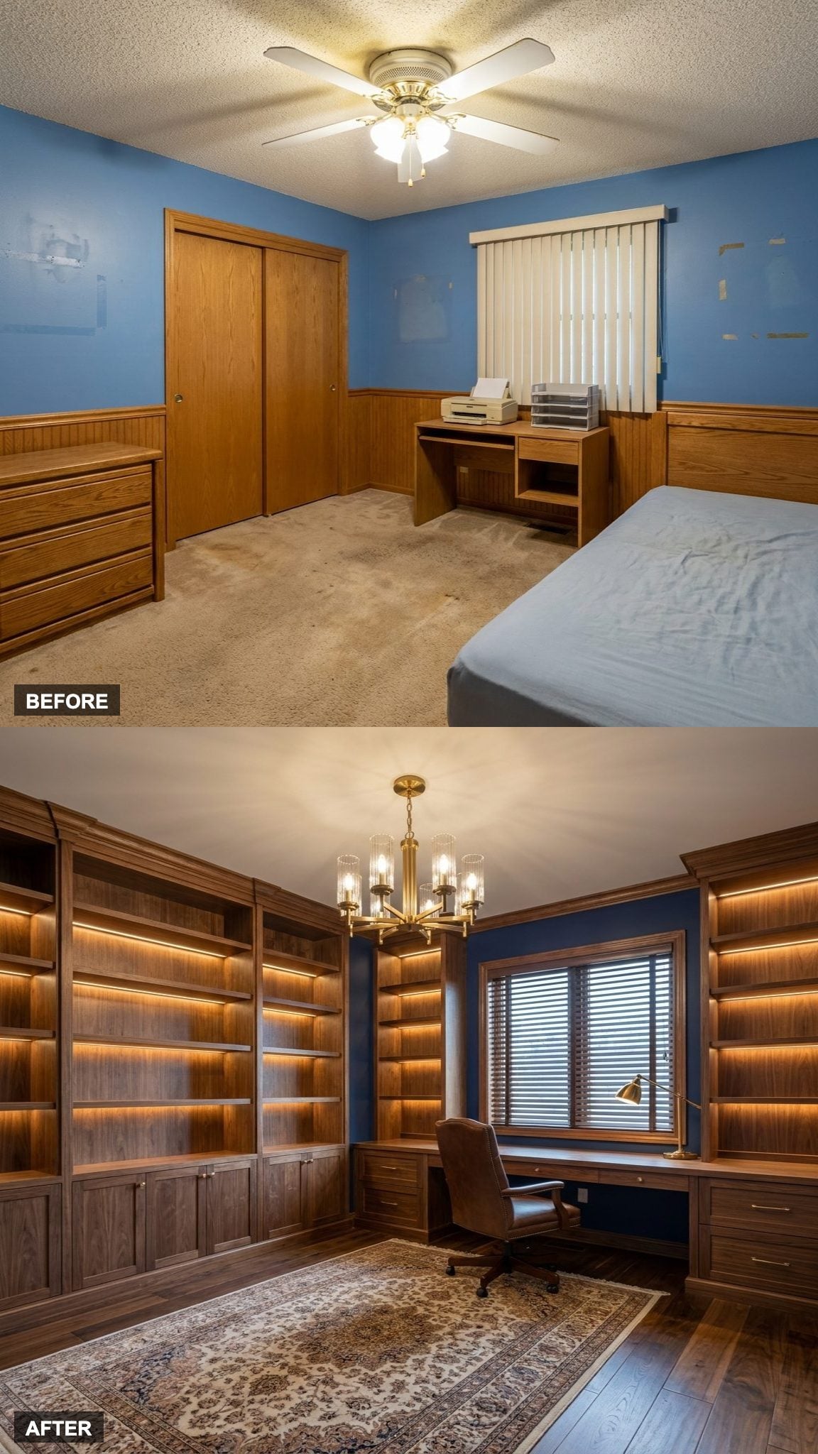 Floor-to-Ceiling Walnut Shelving Turned the Forgotten Bedroom Into a Proper Executive Suite