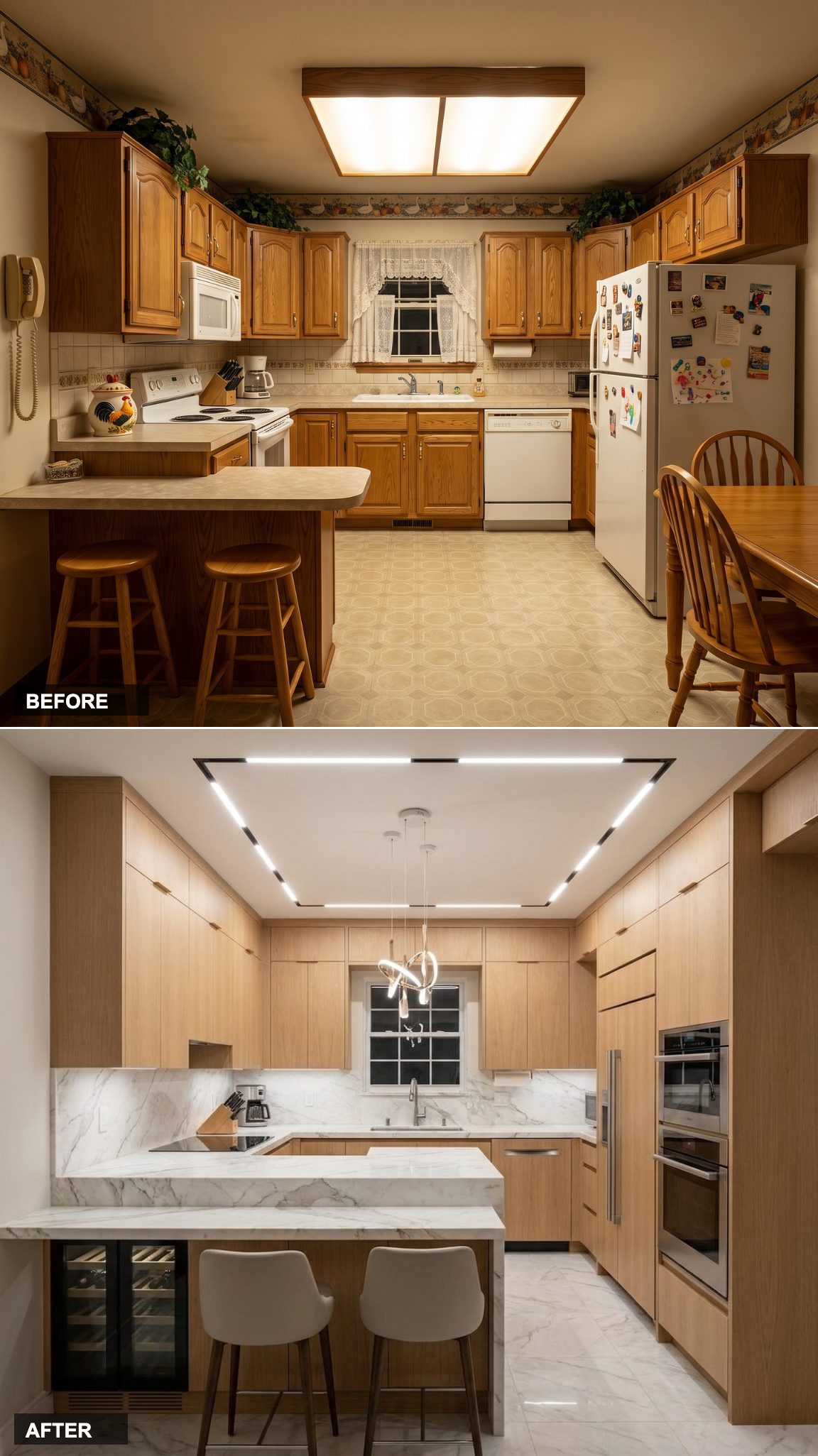 Floor-to-Ceiling White Oak Cabinetry with a Calacatta Marble Waterfall Island and Hidden Pantry