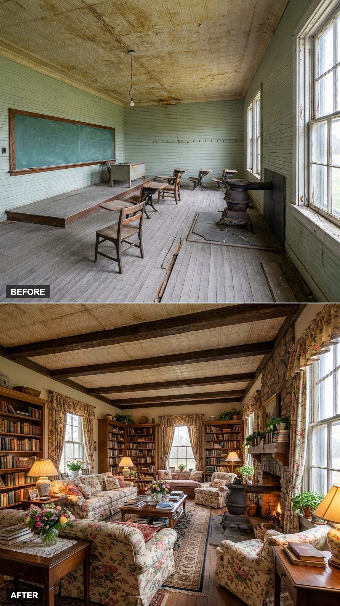 Floral Fabrics, Exposed Beams, and Bookshelves Around the Fire Turn This Into an English Cottage Living Room