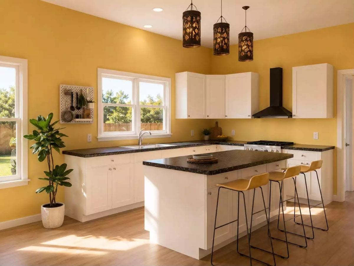 Marigold Walls and Black Granite That Pull the Whole Kitchen Together