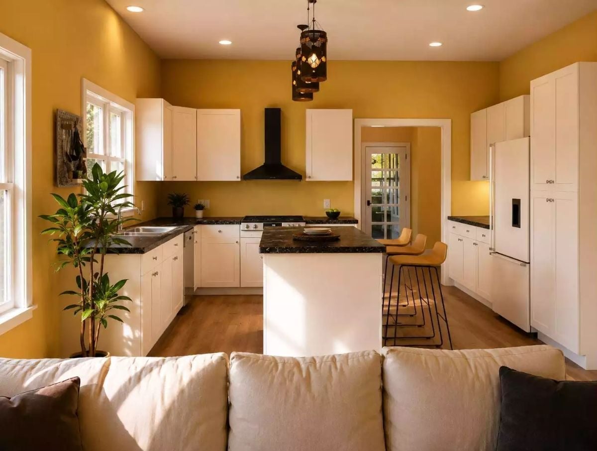 Marigold Walls Do the Heavy Lifting When Cabinets Stay White