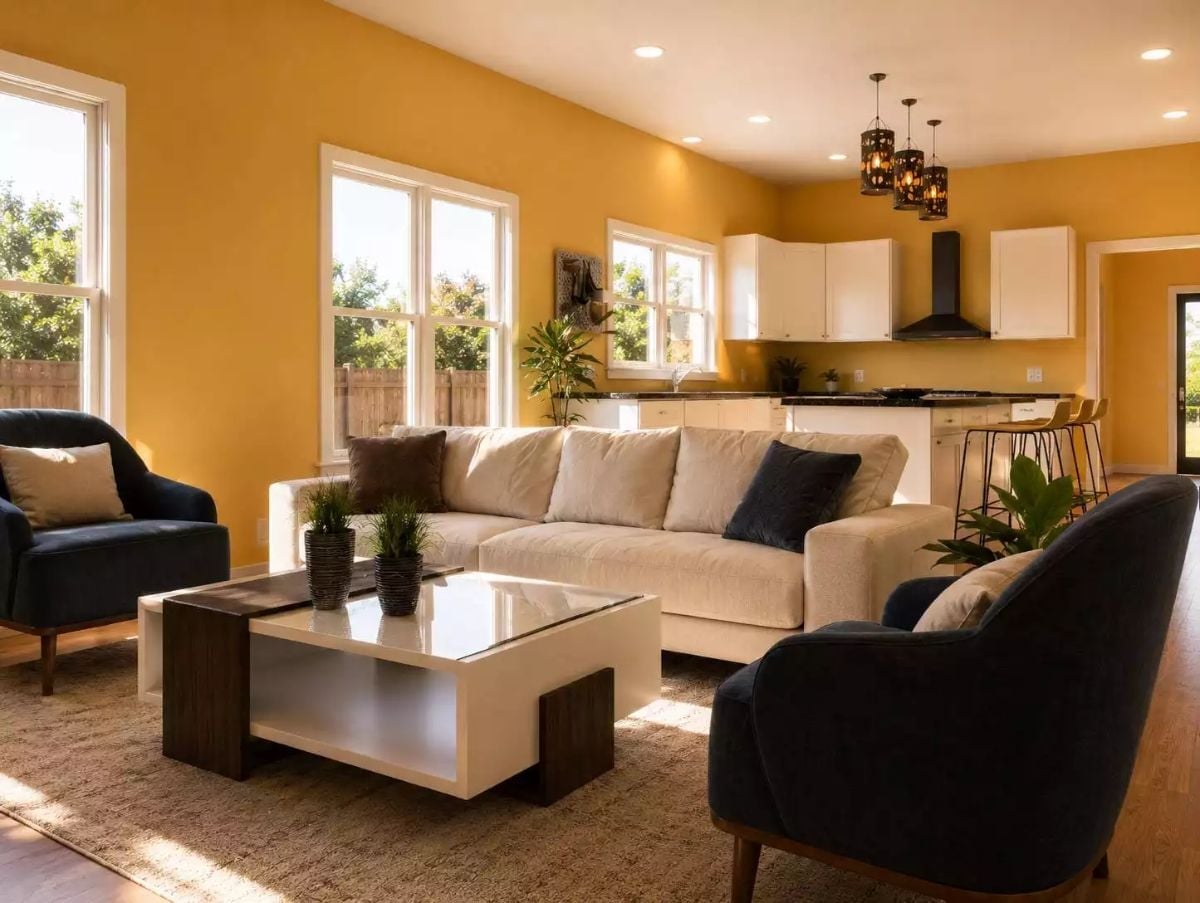 Marigold Walls With Navy Chairs That Know Exactly What They're Doing