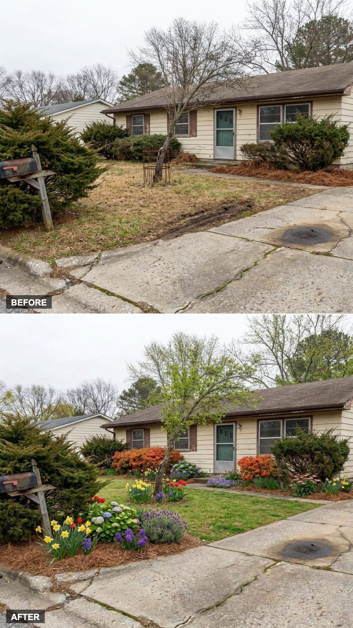 Four-Season Landscape with Spring Bulbs, Summer Blooms, Autumn Foliage, and Winter Evergreens