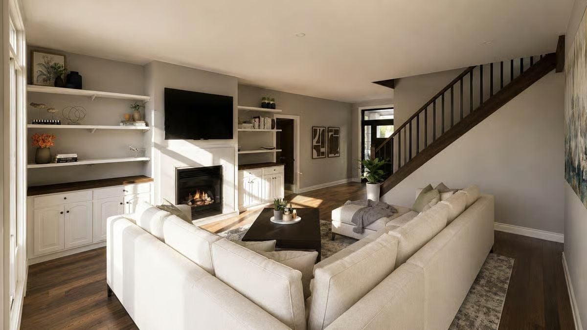Built-Ins, Fireplace, and a Sectional That Knows It's Staying
