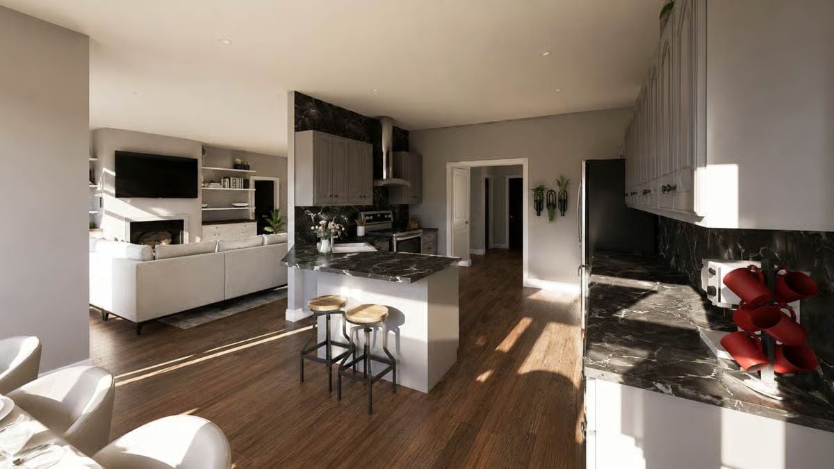 Dark Marble, Open Sightlines, and Bar Stools That Mean Business