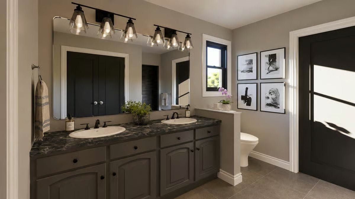 Double Vanity With Dark Marble That Earns Every Square Inch of Counter Space