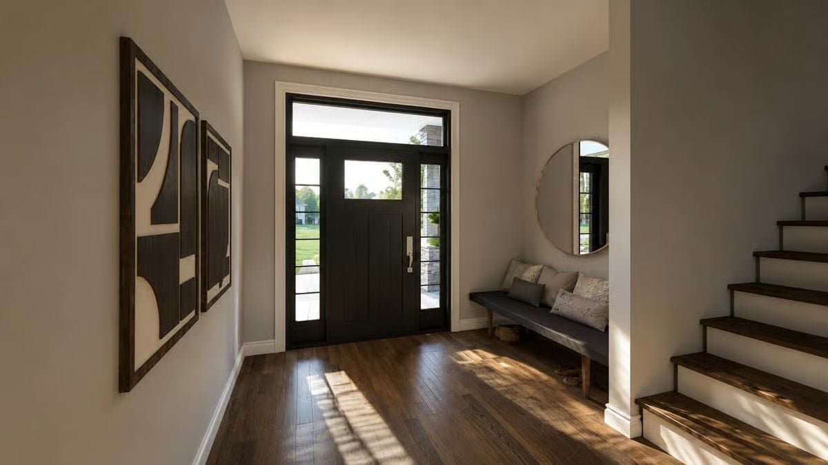 Warm Entry Foyer with Dark Door, Bench, and Afternoon Light Patterns