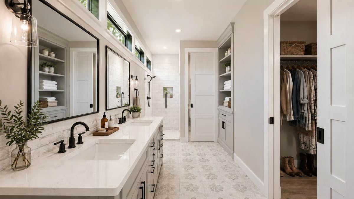 Black Fixtures and Quartz Counters in a Bathroom That Doesn't Ask for Attention