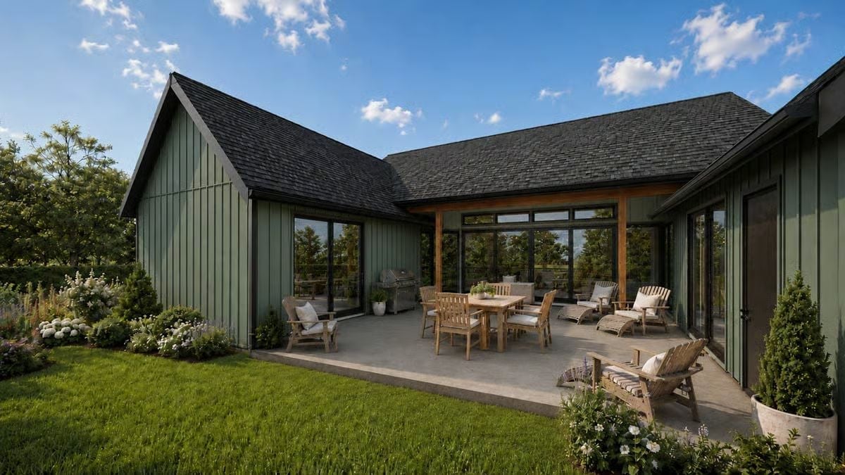 Board-and-Batten Sage Siding Anchors a Patio Built for Long Evenings
