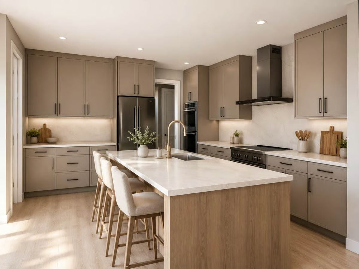 Greige Cabinets and a Wood Island Base That Don't Need to Match to Get Along