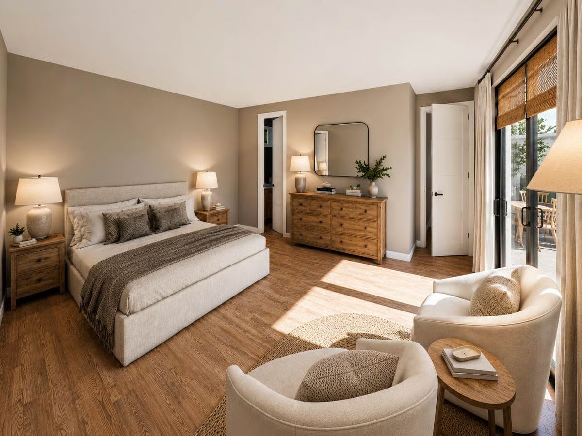 Greige Walls and a Linen Bed That Let the Wood Floor Do the Talking