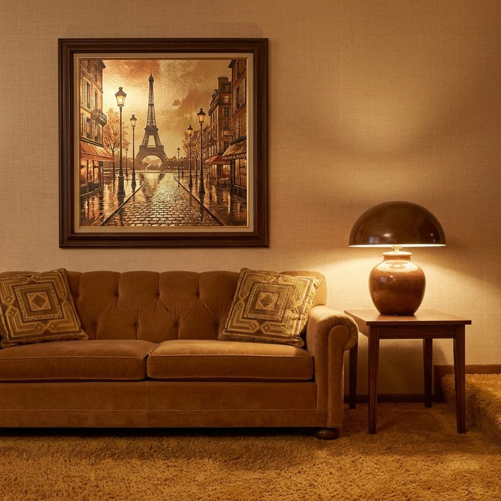 The Framed Foil Print of a Paris Street Scene Above the Sofa