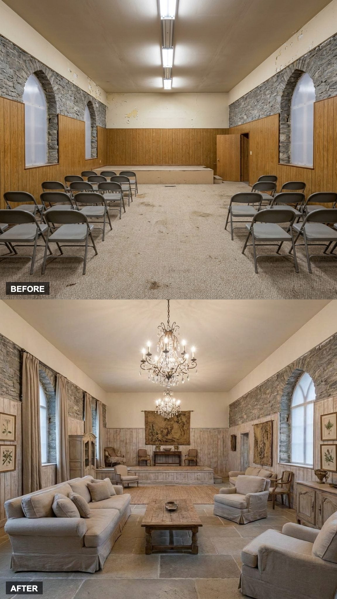 French Country Estate Interior With Limestone Floors, Elegant Chandeliers, and Distressed Wood Finishes