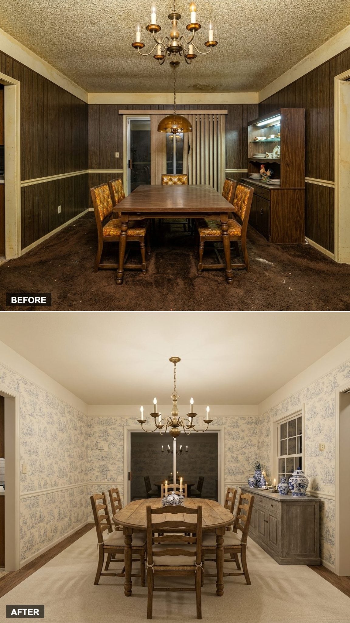 French Country Warmth with Toile Wallpaper, Patinated Brass, and a Stone-Topped Sideboard