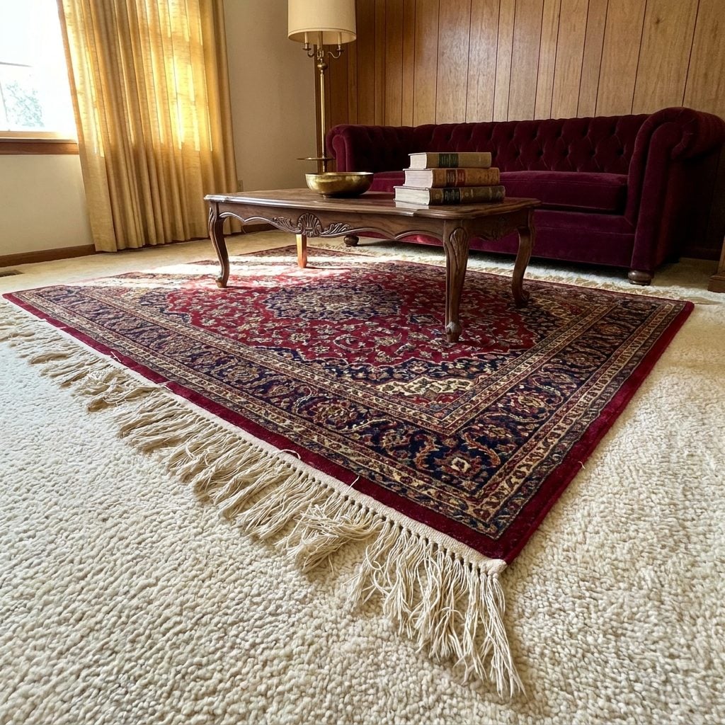 The Fringe Along the Edge of the Area Rug on Top of the Wall-to-Wall