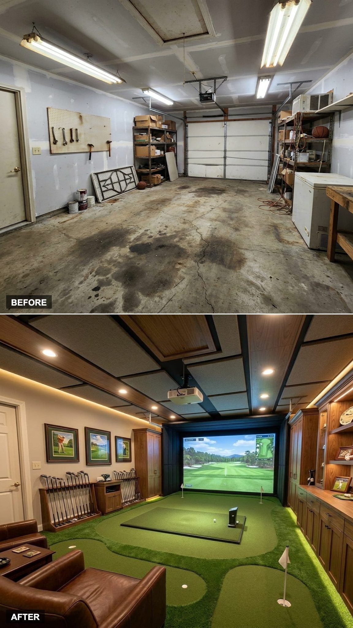 A Full Golf Simulator Room With a Putting Green and Actual Spectator Seating