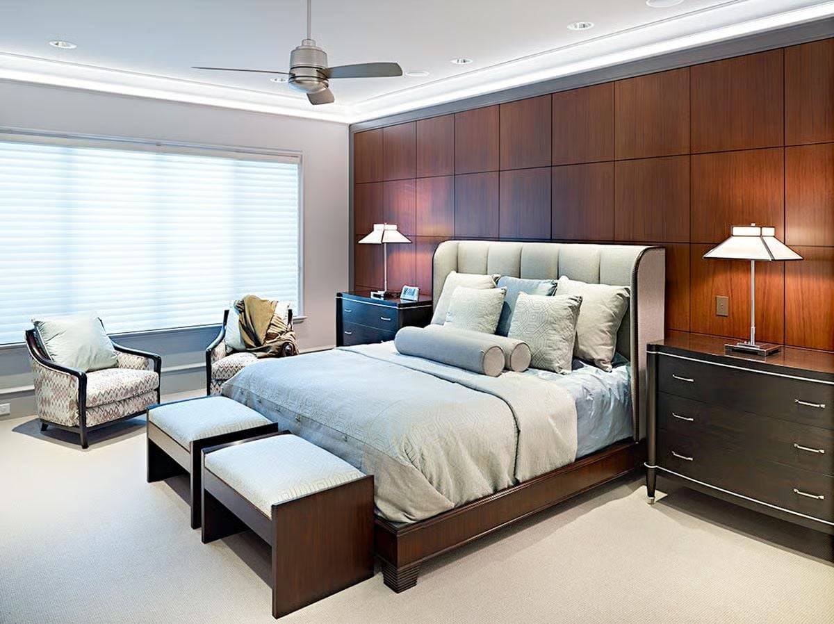 Wood-Paneled Accent Wall Turns the Bed Into a Built-In Statement