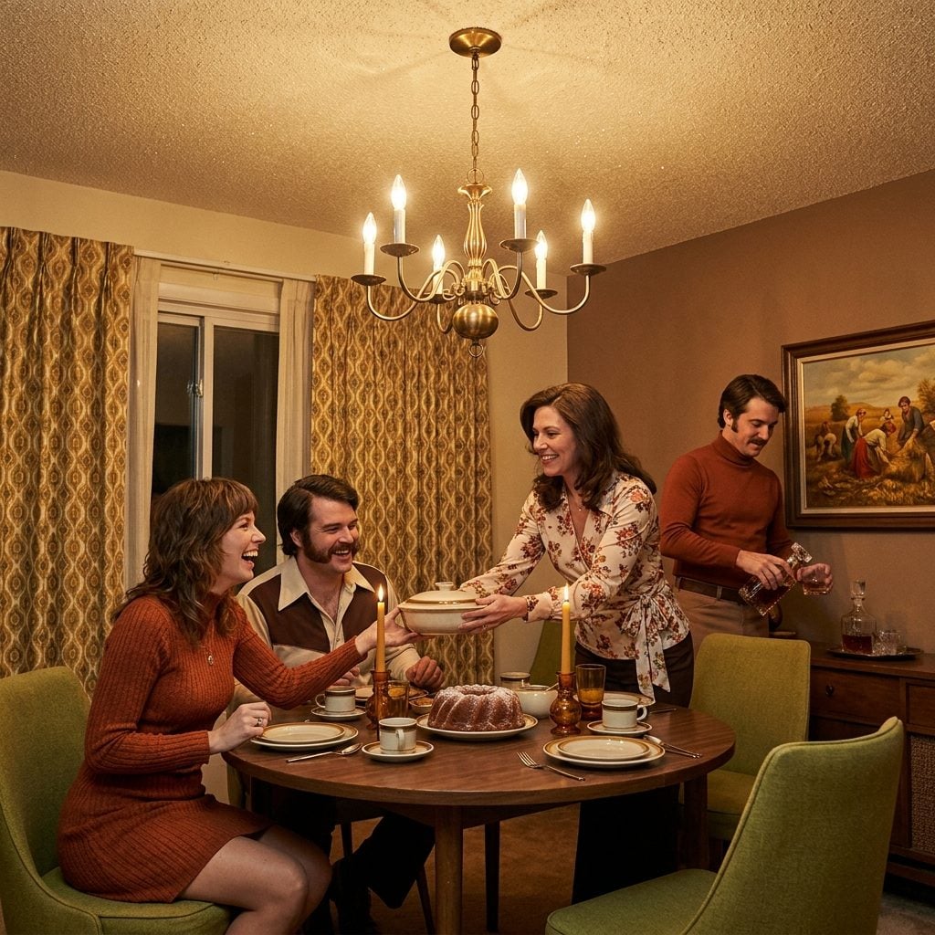 The Glitter-Flecked Popcorn Ceiling That Threw Light All Over Dinner
