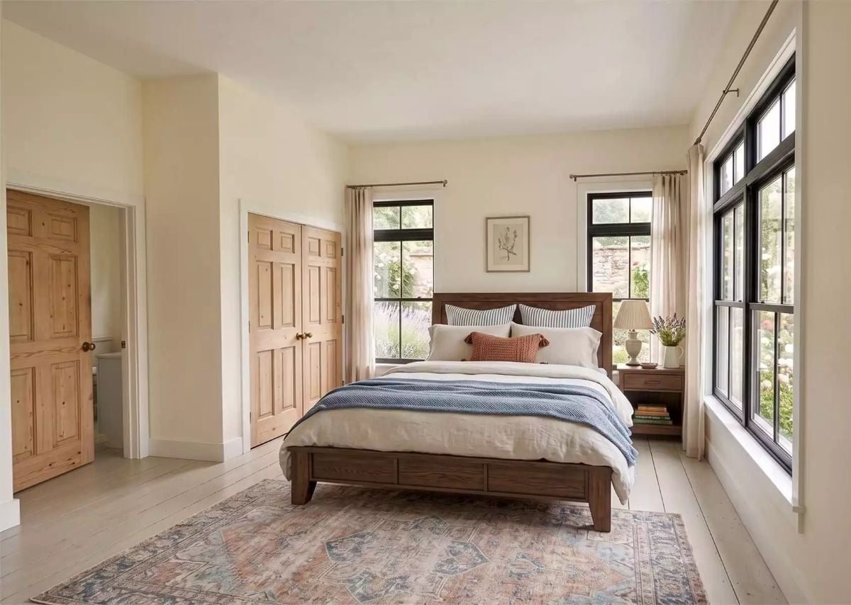 Dark-Framed Windows, a Wood Bed Frame, and Morning Light Already Doing the Work