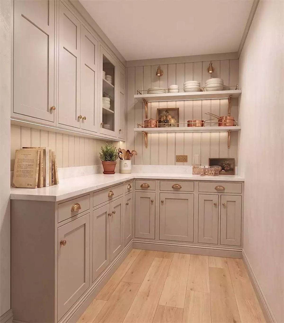 Greige Cabinetry, Copper Accents, and Open Shelving That Actually Earns Its Wall Space