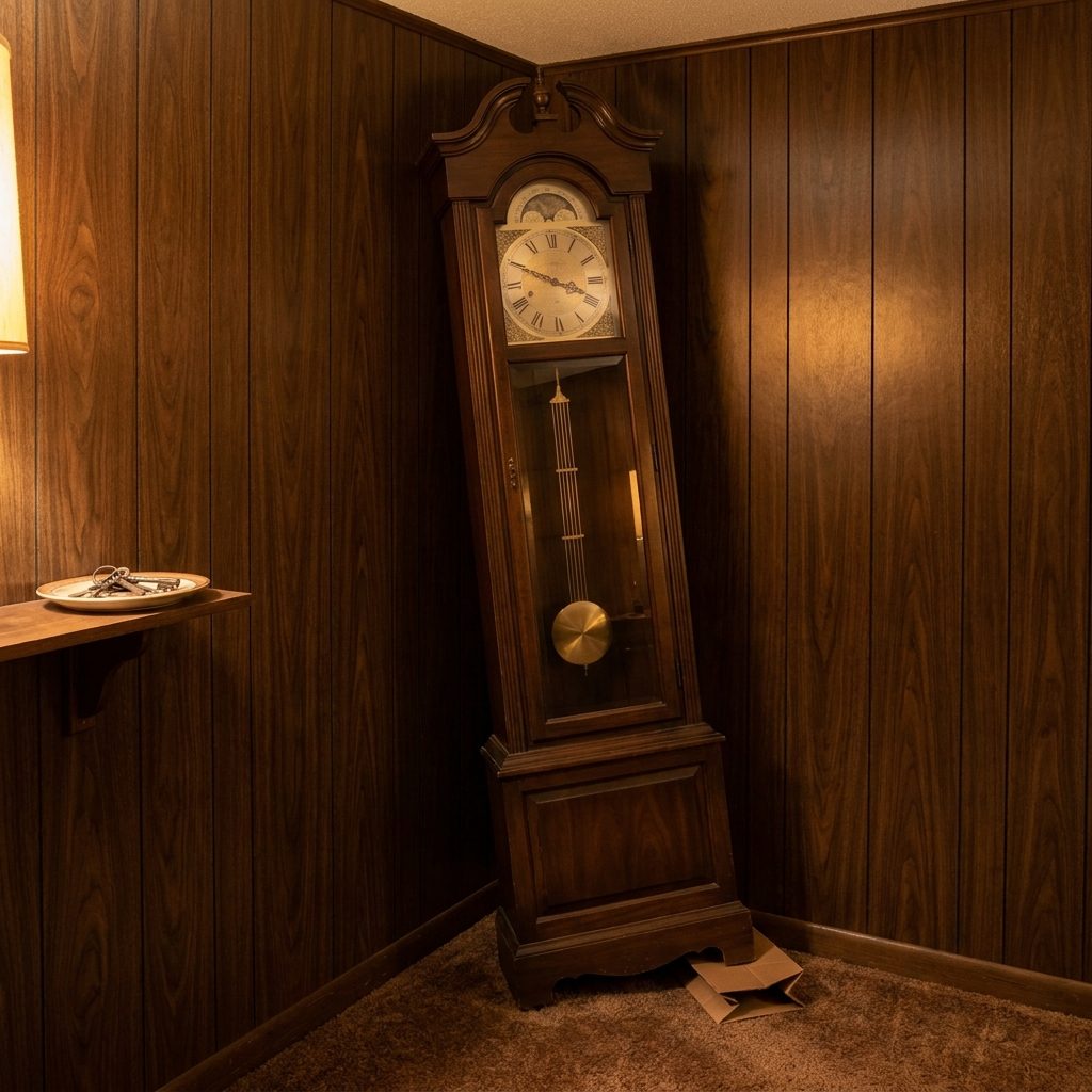The Grandfather Clock Wedged Against the Paneling in a Corner That Wasn't Quite Square