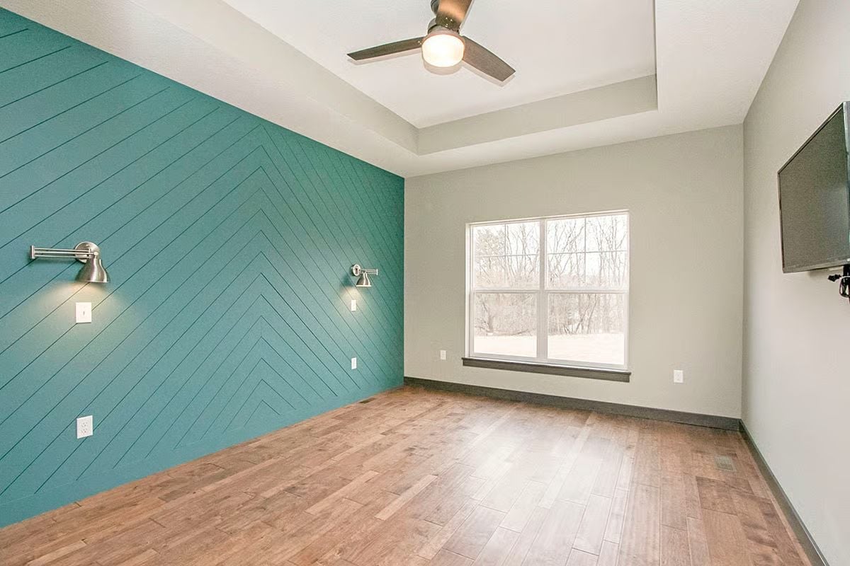 Chevron Teal Shiplap and Wall Sconces Doing Exactly What They Should