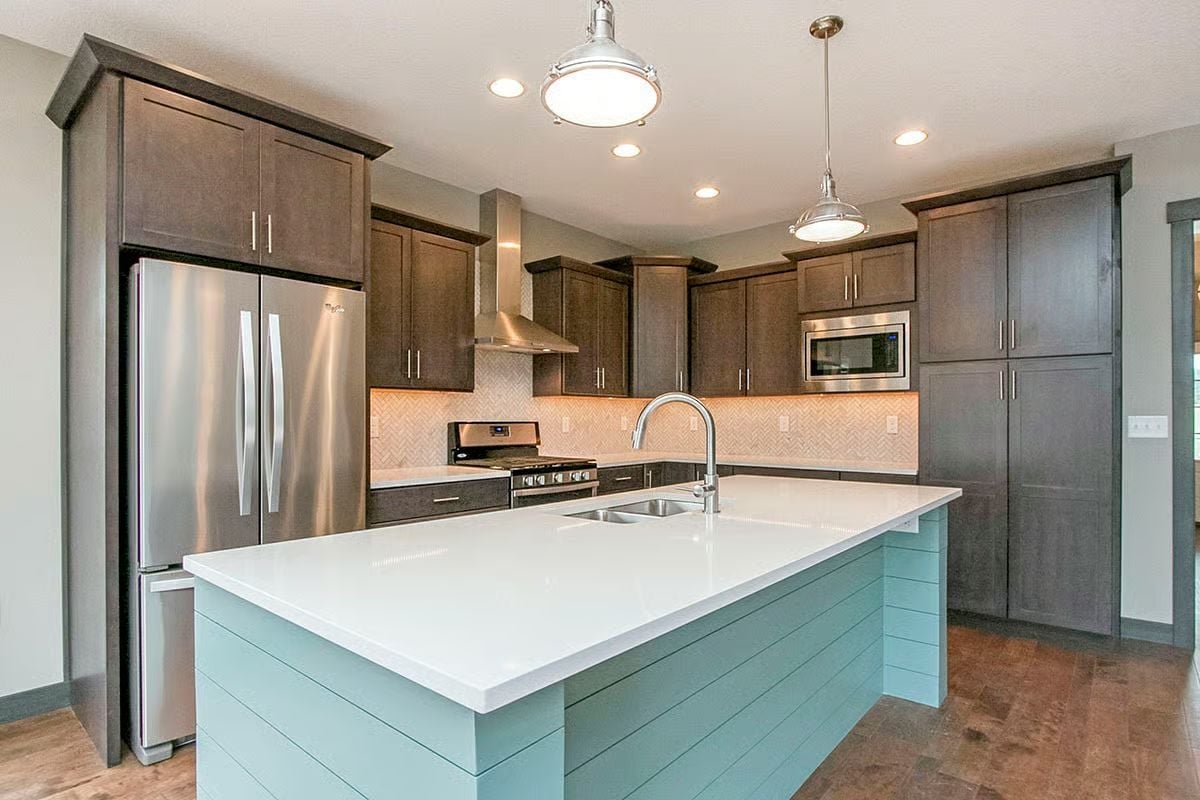Teal Shiplap Base on a Kitchen Island That Earns Its Square Footage