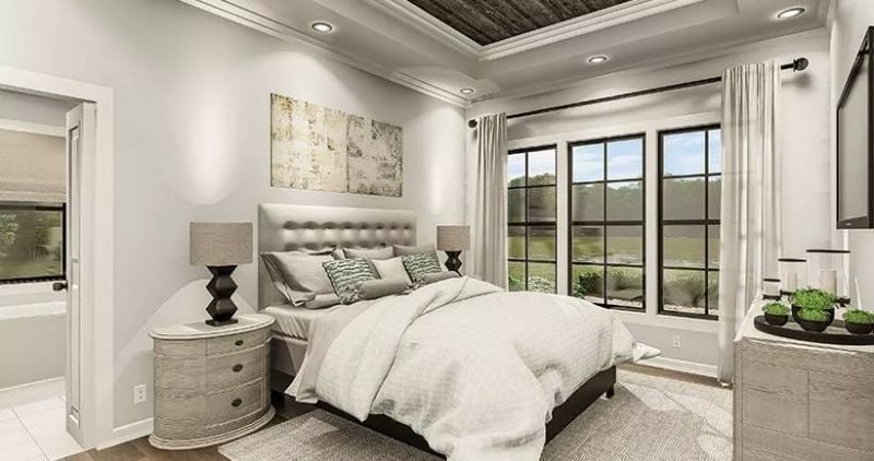 Tufted Headboard, Wood-Plank Ceiling, and Windows That Make Curtains Optional