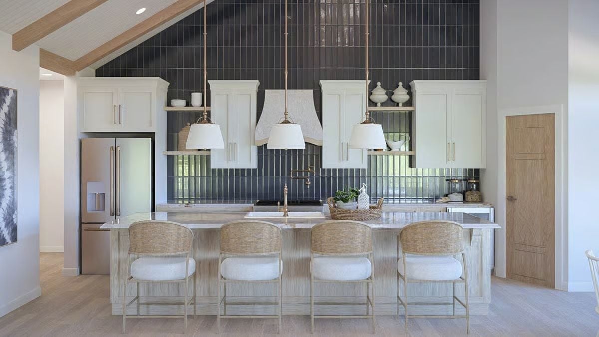 Dark Vertical Tile and Pendant Triplets Give This Kitchen Its Personality