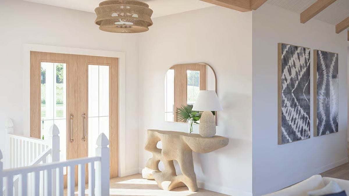 Sculptural Console Base and Woven Pendant Set the Tone Before You Walk In