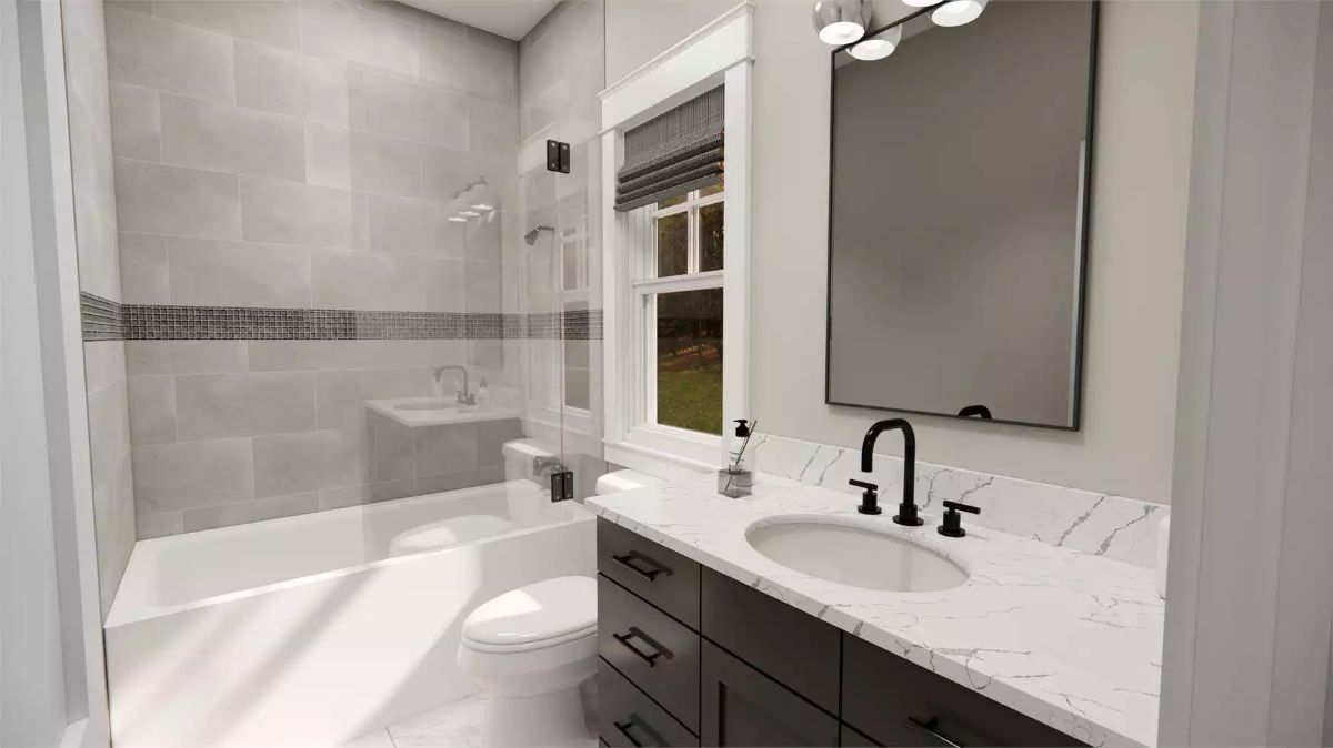 Marble Countertop, Matte Black Faucet: Bathroom Contrast Worth Copying