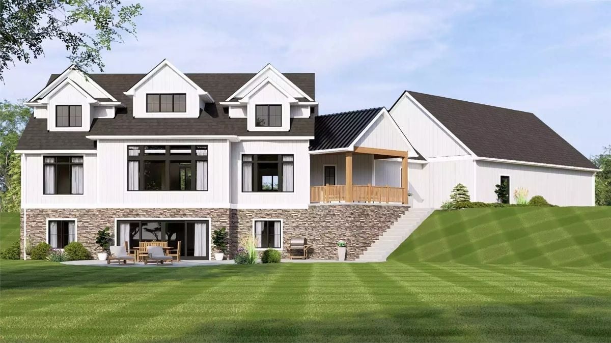 Board-and-Batten White, Stone Base, and a Porch That Actually Earns Its Keep