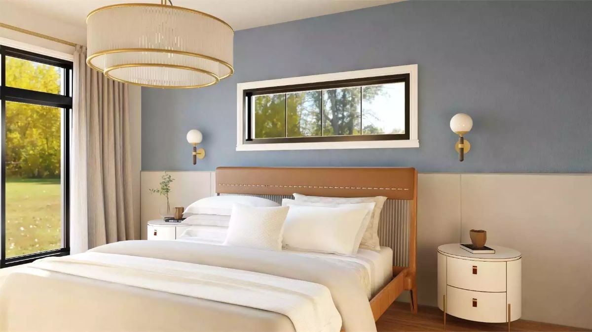 Caramel Leather Headboard, Globe Sconces, and a Clerestory Window That Earns Its Place