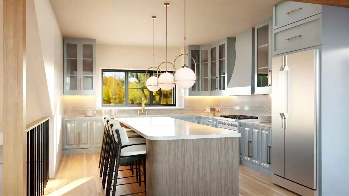 Globe Pendants, Brass Hardware, and a Waterfall Island That Earns the Attention
