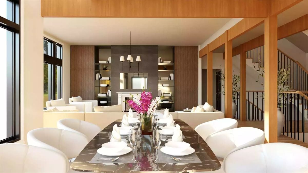 Marble Dining Table, White Barrel Chairs, and Pink Orchids Doing the Heavy Lifting