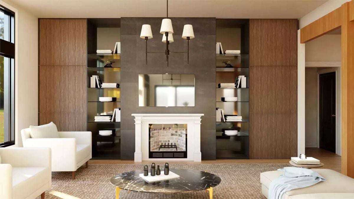Mirrored Shelves, White Fireplace Surround, and a Chandelier That Pulls It Together