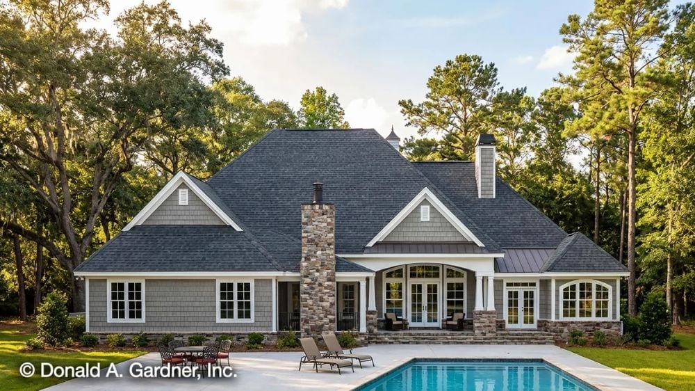 Stone Chimney, Shingle Siding, and a Pool That Earns Its Backyard