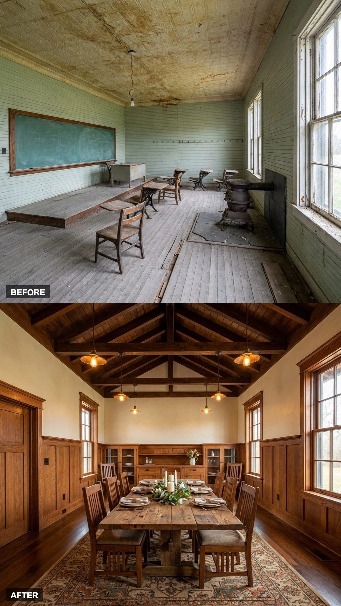 A Harvest Table Under Restored Rafters Turns the Old Classroom Into a Dining Hall